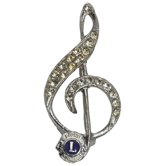 Vintage OPA Lions Club Music Brooch Treble Clef Rhinestone Enamel Pin - Picture 1 of 9